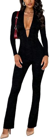 بذلة نسائية أنيقة قطعة واحدة كاجوال وأكمام طويلة من الدانتيل ورقبة على شكل حرف V عميقة وساق مستقيمة in Kuwait