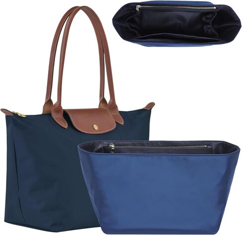 إدراج منظم محفظة من النايلون الناعم لحقيبة حمل Longchamp Le Pliage M بمقبض طويل، شكل مقسم متوسط ​​الوزن فاخر وطويل مع حامل أكواب وجيوب عميقة، M/أزرق داكن in Kuwait