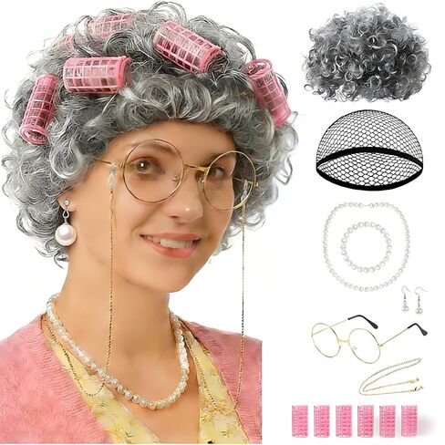 100 Days of School Old Lady Costume for Girls - Grandma Wig Grey Hair Set with Glasses, Pearl Necklace - 100th Day Granny Cosplay Outfit Accessories (Grey Curly Wig Set) in Saudi Arabia