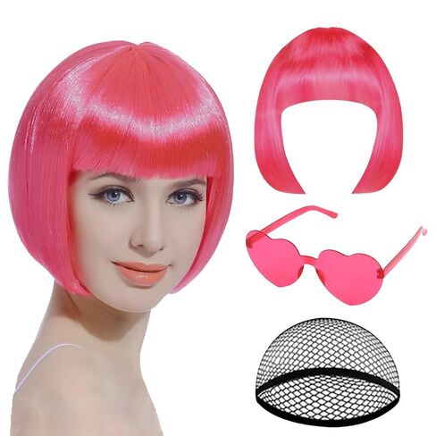 Pink Bob Wig, Hot Short Pink Wigs with Sunglasses and Hairnet, Women Wigs with Bangs for Bachelorette, Halloween and Cosplay Parties in Kuwait