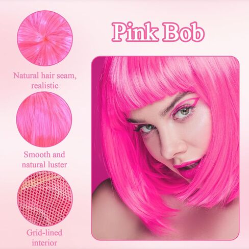 Pink Bob Wig, Hot Short Pink Wigs with Sunglasses and Hairnet, Women Wigs with Bangs for Bachelorette, Halloween and Cosplay Parties in Kuwait