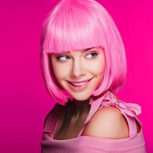Pink Bob Wig, Hot Short Pink Wigs with Sunglasses and Hairnet, Women Wigs with Bangs for Bachelorette, Halloween and Cosplay Parties in Kuwait