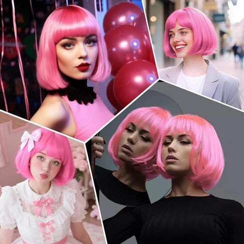 Pink Bob Wig, Hot Short Pink Wigs with Sunglasses and Hairnet, Women Wigs with Bangs for Bachelorette, Halloween and Cosplay Parties in Kuwait