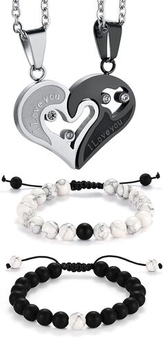 Cupimatch 2 Pairs Couple Matching Necklace Bracelets Set, Adjustable Stainless Steel Rhinestone I Love You Heart Puzzle Necklace His and Hers Bracelets Her King His Queen CZ Bangle Jewelry in Saudi Arabia