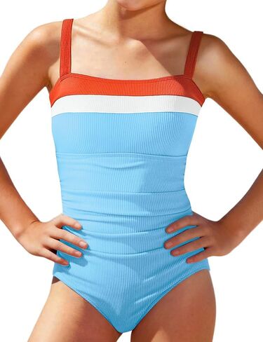 Girls Swimsuit One Piece Bathing Suits Color Block Swim Suit Adjustable Strap Summer Girl's Swimwear 7-16Y in Saudi Arabia