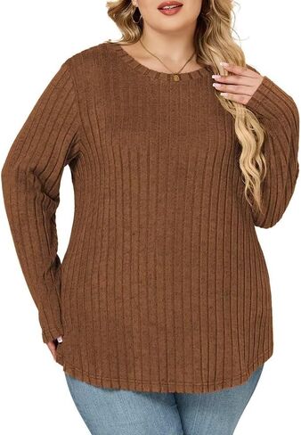 حجم كبير بلايز المرأة موضة كم طويل عادية شيك Crewneck بلوزات العصرية لينة البلوز تونك الكرمل 2XL in Saudi Arabia