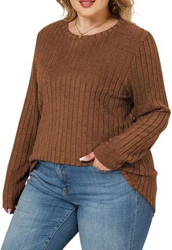 حجم كبير بلايز المرأة موضة كم طويل عادية شيك Crewneck بلوزات العصرية لينة البلوز تونك الكرمل 2XL in Saudi Arabia