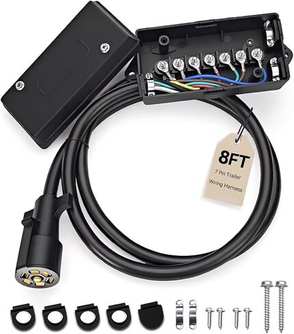 7-Way Trailer Cord with Waterproof 7-Gang Junction Box Kit - 5FT Heavy Duty 7 Pin Wiring Harness & 12V Breakaway Switch for RV, Camper, Boat Trailers in Saudi Arabia