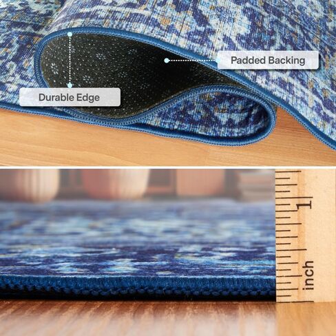 سجادة RealLife قابلة للغسل في الغسالة - سجادة غرفة المعيشة وغرفة النوم والحمام والمطبخ ومدخل المكتب - مبطنة منخفضة الوبر مقاومة للبقع - بوهو فينتاج تقليدي - لايل - أزرق 2'6" × 8' in Kuwait