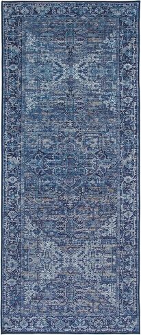 سجادة RealLife قابلة للغسل في الغسالة - سجادة غرفة المعيشة وغرفة النوم والحمام والمطبخ ومدخل المكتب - مبطنة منخفضة الوبر مقاومة للبقع - بوهو فينتاج تقليدي - لايل - أزرق 2'6" × 8' in Kuwait