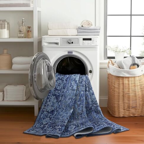 سجادة RealLife قابلة للغسل في الغسالة - سجادة غرفة المعيشة وغرفة النوم والحمام والمطبخ ومدخل المكتب - مبطنة منخفضة الوبر مقاومة للبقع - بوهو فينتاج تقليدي - لايل - أزرق 2'6" × 8' in Kuwait