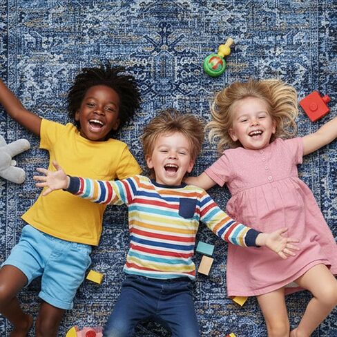 سجادة RealLife قابلة للغسل في الغسالة - سجادة غرفة المعيشة وغرفة النوم والحمام والمطبخ ومدخل المكتب - مبطنة منخفضة الوبر مقاومة للبقع - بوهو فينتاج تقليدي - لايل - أزرق 2'6" × 8' in Kuwait