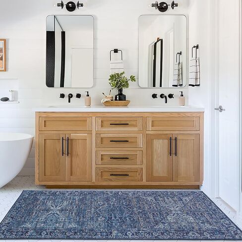 سجادة RealLife قابلة للغسل في الغسالة - سجادة غرفة المعيشة وغرفة النوم والحمام والمطبخ ومدخل المكتب - مبطنة منخفضة الوبر مقاومة للبقع - بوهو فينتاج تقليدي - لايل - أزرق 2'6" × 8' in Kuwait