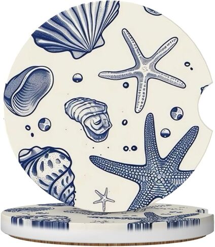 Blue Sea Starfish Shells Absorbent Ceramic Car Coasters for Cup Holders, 2.56" Anti Slip Insert Cup Coasters for Women Men (2 PCS) in Saudi Arabia