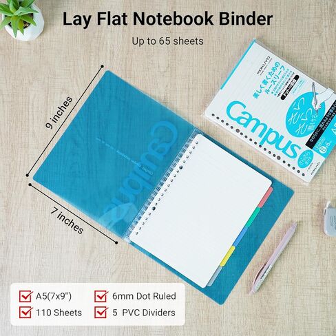 KOKUYO 5 Subject Spiral Notebook, Campus A5 Refillable Journal with 5 Tab Dividers, Up to 65 Sheet Capacity, 100 Sheets in 6mm Dotted Ruled Loose Leaf Paper, Transparent, Japan Import in Saudi Arabia