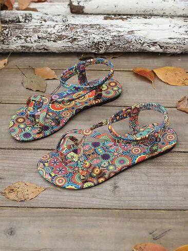 Boho Roman Sandals for Women Plus Size - Flat Comfortable Ethnic Printed Toe Post Sandals Casual Beach Slide for Wide Feet in Saudi Arabia