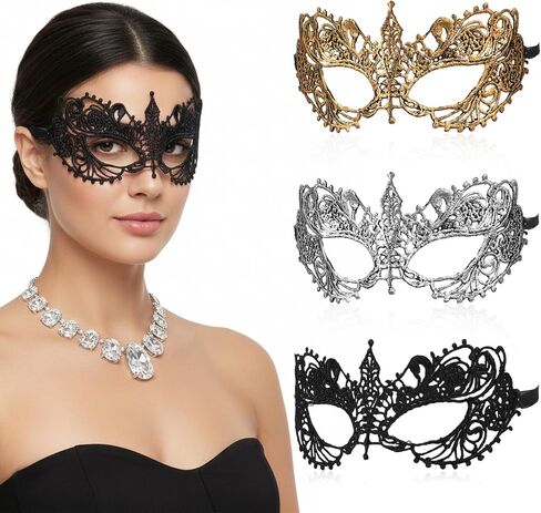 3 Pcs Masquerade Masks, Lace Masquerade Mask Mardi Gras Mask Costume for Women Halloween Carnival Masquerade Party Accessories (Gold, Silver, Black) in Saudi Arabia