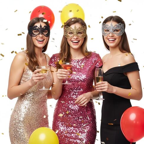 3 Pcs Masquerade Masks, Lace Masquerade Mask Mardi Gras Mask Costume for Women Halloween Carnival Masquerade Party Accessories (Gold, Silver, Black) in Saudi Arabia