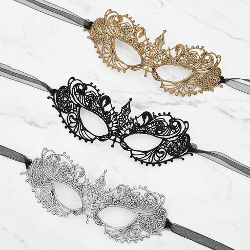 3 Pcs Masquerade Masks, Lace Masquerade Mask Mardi Gras Mask Costume for Women Halloween Carnival Masquerade Party Accessories (Gold, Silver, Black) in Saudi Arabia
