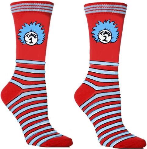 جوارب مضحكة لشخصية مجنونة، جوارب زي يوم الكتاب العالمي مخططة باللونين الأحمر والأزرق جورب طاقم متوسط ​​الساق، إكسسوارات تنكرية لشخصيات كتاب القطط للنساء والرجال in Kuwait