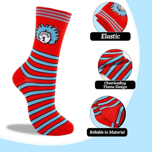جوارب مضحكة لشخصية مجنونة، جوارب زي يوم الكتاب العالمي مخططة باللونين الأحمر والأزرق جورب طاقم متوسط ​​الساق، إكسسوارات تنكرية لشخصيات كتاب القطط للنساء والرجال in Kuwait