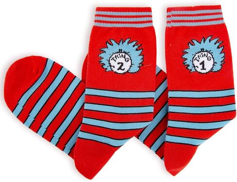 جوارب مضحكة لشخصية مجنونة، جوارب زي يوم الكتاب العالمي مخططة باللونين الأحمر والأزرق جورب طاقم متوسط ​​الساق، إكسسوارات تنكرية لشخصيات كتاب القطط للنساء والرجال in Kuwait