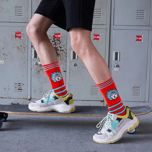 جوارب مضحكة لشخصية مجنونة، جوارب زي يوم الكتاب العالمي مخططة باللونين الأحمر والأزرق جورب طاقم متوسط ​​الساق، إكسسوارات تنكرية لشخصيات كتاب القطط للنساء والرجال in Kuwait