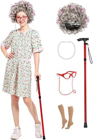 Old Lady Costume Kit for Women - Complete Halloween Set with Nightgown, Realistic Grey Wig, Cane & Accessories (Grandma Cosplay, Adult Size) in Saudi Arabia