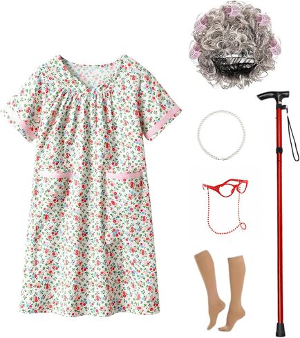 Old Lady Costume Kit for Women - Complete Halloween Set with Nightgown, Realistic Grey Wig, Cane & Accessories (Grandma Cosplay, Adult Size) in Saudi Arabia