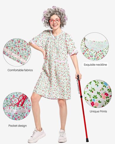 Old Lady Costume Kit for Women - Complete Halloween Set with Nightgown, Realistic Grey Wig, Cane & Accessories (Grandma Cosplay, Adult Size) in Saudi Arabia