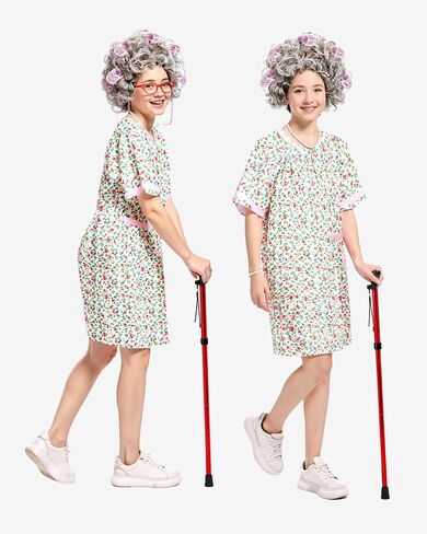Old Lady Costume Kit for Women - Complete Halloween Set with Nightgown, Realistic Grey Wig, Cane & Accessories (Grandma Cosplay, Adult Size) in Saudi Arabia