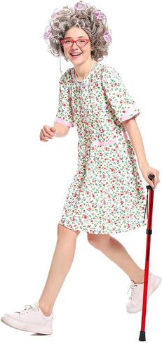 Old Lady Costume Kit for Women - Complete Halloween Set with Nightgown, Realistic Grey Wig, Cane & Accessories (Grandma Cosplay, Adult Size) in Saudi Arabia