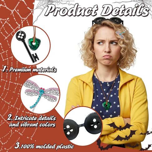 مجموعة إكسسوارات تنكرية مكونة من 4 قطع للنساء والرجال، نظارات على شكل أزرار، قلادتين للمفاتيح، مشبك شعر اليعسوب، دعائم مجوهرات الهالوين لتزيين الحفلات باللون الأسود in Kuwait