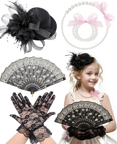Girls Tea Party Hats Set - 5 Pcs Mini Top Hat with Pearl Necklace Bracelet Hand Fan and Lace Gloves for Party in Saudi Arabia