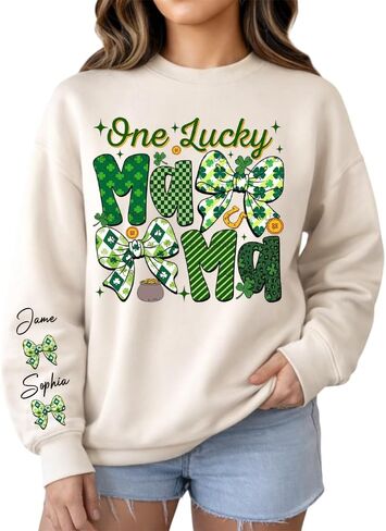 LOVELYPOD Personalized One Lucky Mama Sweatshirt St Patrick Theme, Personalized Family Shirt, Name Sleeve Clover Green in Saudi Arabia