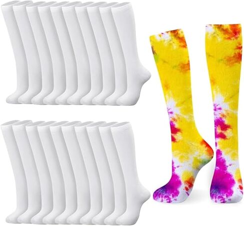 Breathffy 12 Pairs White Knee High Socks for Tie Dye Cotton Stripe Tube Outdoor Sport Socks Softball Soccer Socks over the Calf for Teen Boy Girl DIY in Saudi Arabia