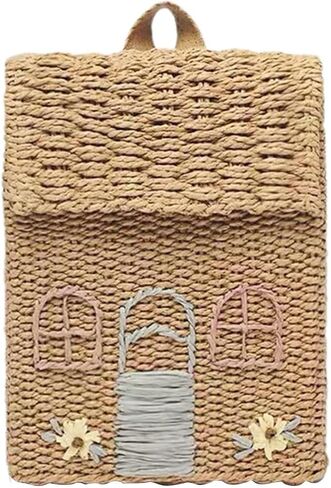حقيبة ظهر مصنوعة يدويًا من القش مع تطريز زهور، تصميم منزل صغير لطيف، حقيبة يد بمقبض منسوج طبيعي، حقيبة كتف، طراز الشاطئ البيج in Kuwait