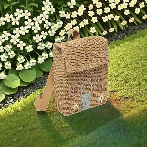 حقيبة ظهر مصنوعة يدويًا من القش مع تطريز زهور، تصميم منزل صغير لطيف، حقيبة يد بمقبض منسوج طبيعي، حقيبة كتف، طراز الشاطئ البيج in Kuwait