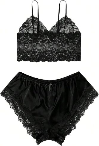 Women's Lingerie Set Spaghetti Strap Lace Trim Bralette and Shorts Sleepwear Pajama Set in Saudi Arabia