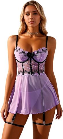 Women’s Lace Mesh Babydoll Lingerie Set – Sheer Chemise Mini Dress with Matching Thong & Garter Belt Nightwear in Kuwait