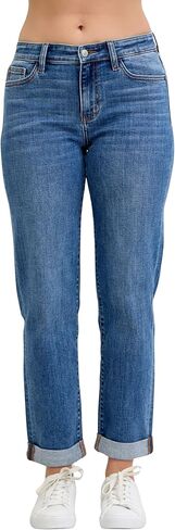 Judy Blue Classic Mid Rise Embroidered Cuffed Boyfriend in Saudi Arabia