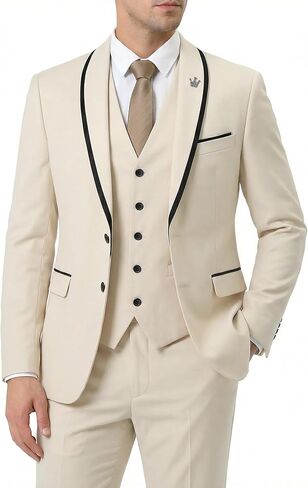 MY'S 3 Piece Men's Suit, Slim Fit Tuxedo Set, Two-Button Jacket with Black Trim Notch Lapel, Vest and Pants for Wedding Party in Saudi Arabia
