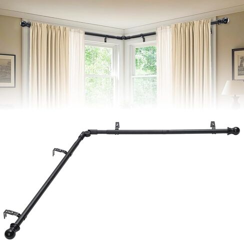 قضيب ستارة نافذة زاوية على شكل حرف L - عمود قابل للتعديل شديد التحمل مقاس 27-68 بوصة، قابل للطي للتخزين، حل نافذة الزاوية اليمنى (أسود غير لامع) لنوافذ الزوايا على شكل حرف L، غرفة النوم، غرفة المعيشة in Kuwait