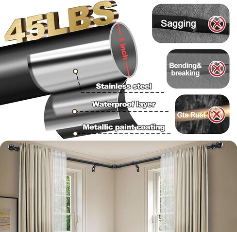 قضيب ستارة نافذة زاوية على شكل حرف L - عمود قابل للتعديل شديد التحمل مقاس 27-68 بوصة، قابل للطي للتخزين، حل نافذة الزاوية اليمنى (أسود غير لامع) لنوافذ الزوايا على شكل حرف L، غرفة النوم، غرفة المعيشة in Kuwait