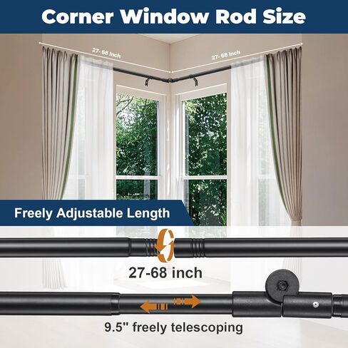 قضيب ستارة نافذة زاوية على شكل حرف L - عمود قابل للتعديل شديد التحمل مقاس 27-68 بوصة، قابل للطي للتخزين، حل نافذة الزاوية اليمنى (أسود غير لامع) لنوافذ الزوايا على شكل حرف L، غرفة النوم، غرفة المعيشة in Kuwait