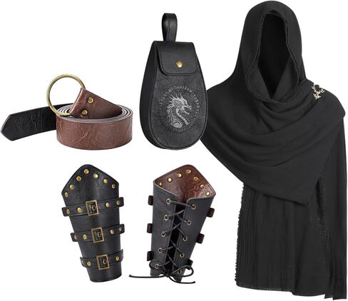 إكسسوارات زي عصر النهضة من Berenlu، وحقيبة حزام الفايكنج ودعامات جلدية مع شال بقلنسوة من العصور الوسطى، مجموعة الهالوين الكبيرة التأثيرية in Kuwait