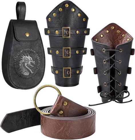 إكسسوارات زي عصر النهضة من Berenlu، وحقيبة حزام الفايكنج ودعامات جلدية مع شال بقلنسوة من العصور الوسطى، مجموعة الهالوين الكبيرة التأثيرية in Kuwait