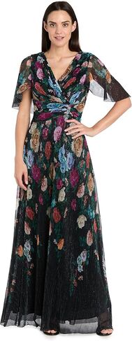 R&M Richards Women's Elegant Floral Print Maxi Gown W/Flutter Sleeves | V-Neck Pleated Evening Dress | Cocktail & Party in Saudi Arabia
