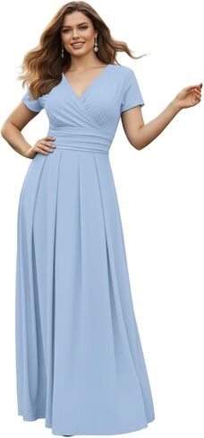 KOH KOH Womens Long Pleated Cap Sleeve Faux Wrap V-Neck Modest Maxi Dress in Saudi Arabia