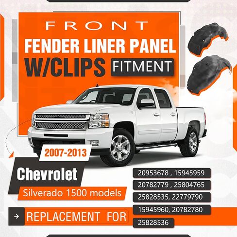 ECOTRIC Front Fender Liner Panel W/Clips Compatible with 2007-2013 Chevrolet Silverado 1500, Inner Wheel Liner Splash Shields Guard Plastic(PE) Black in Saudi Arabia